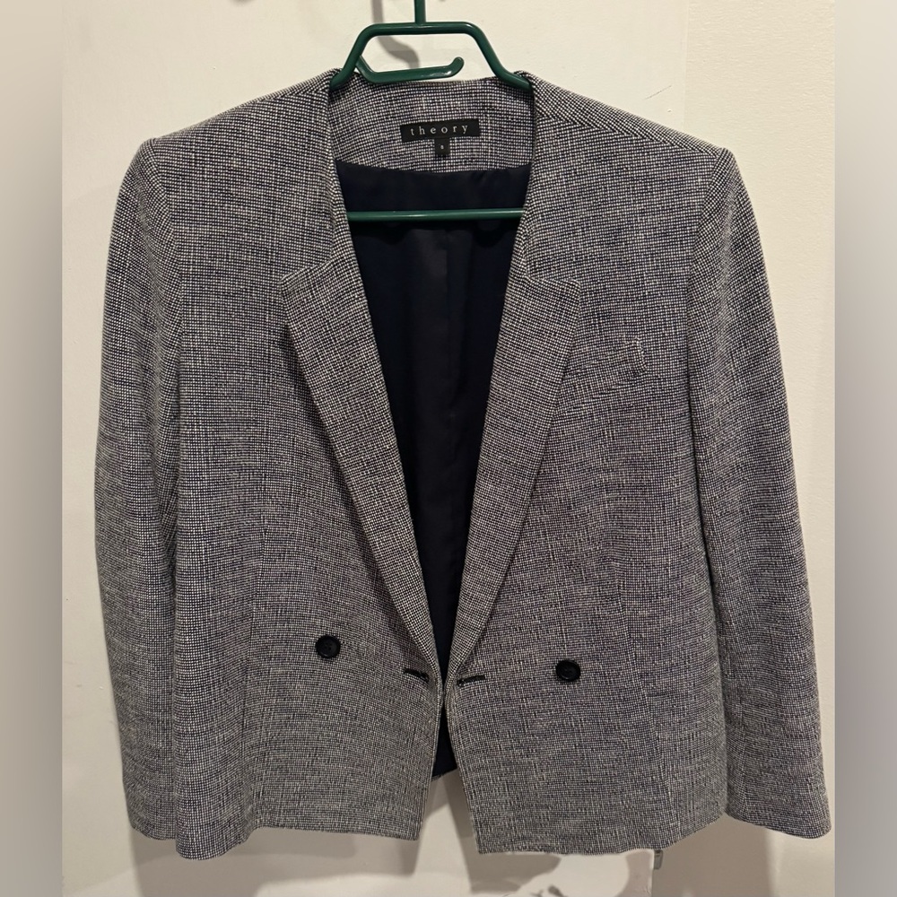 Theory cotton blazer TamalaK navy gray double breasted office street tweed 8